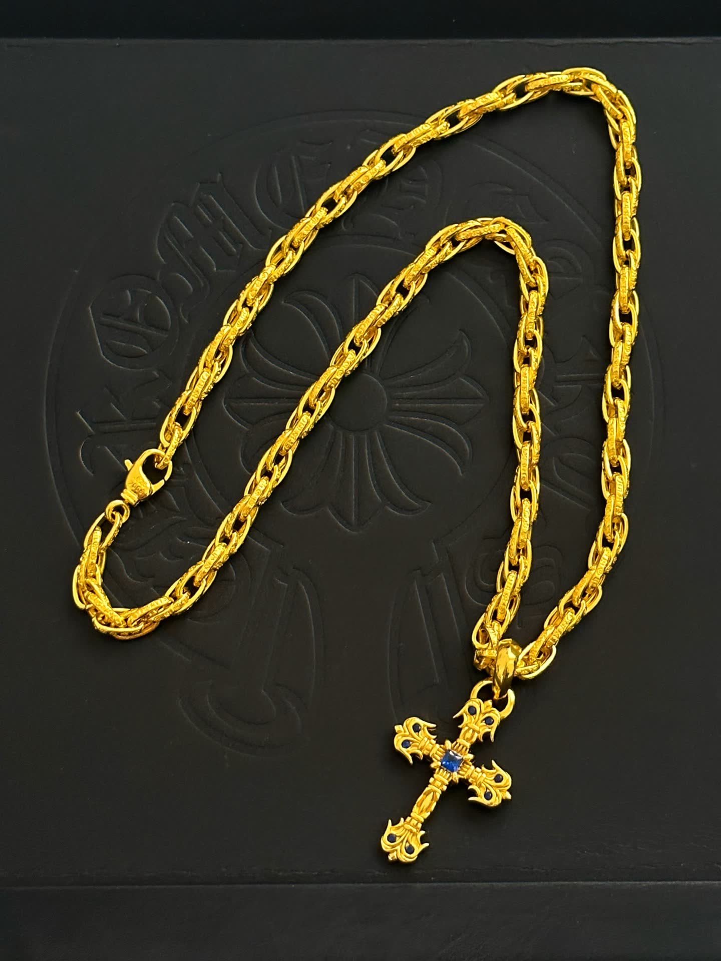 Chrome Hearts Gold Cross Pendant Necklace with Blue Gemstone